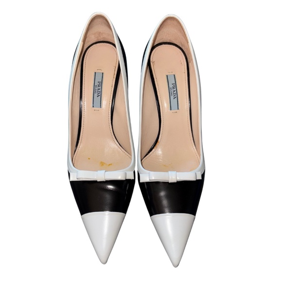 Prada Black Leather Pointed Toe Pumps with White Trim and Bow Accent - Picture 1 of 3